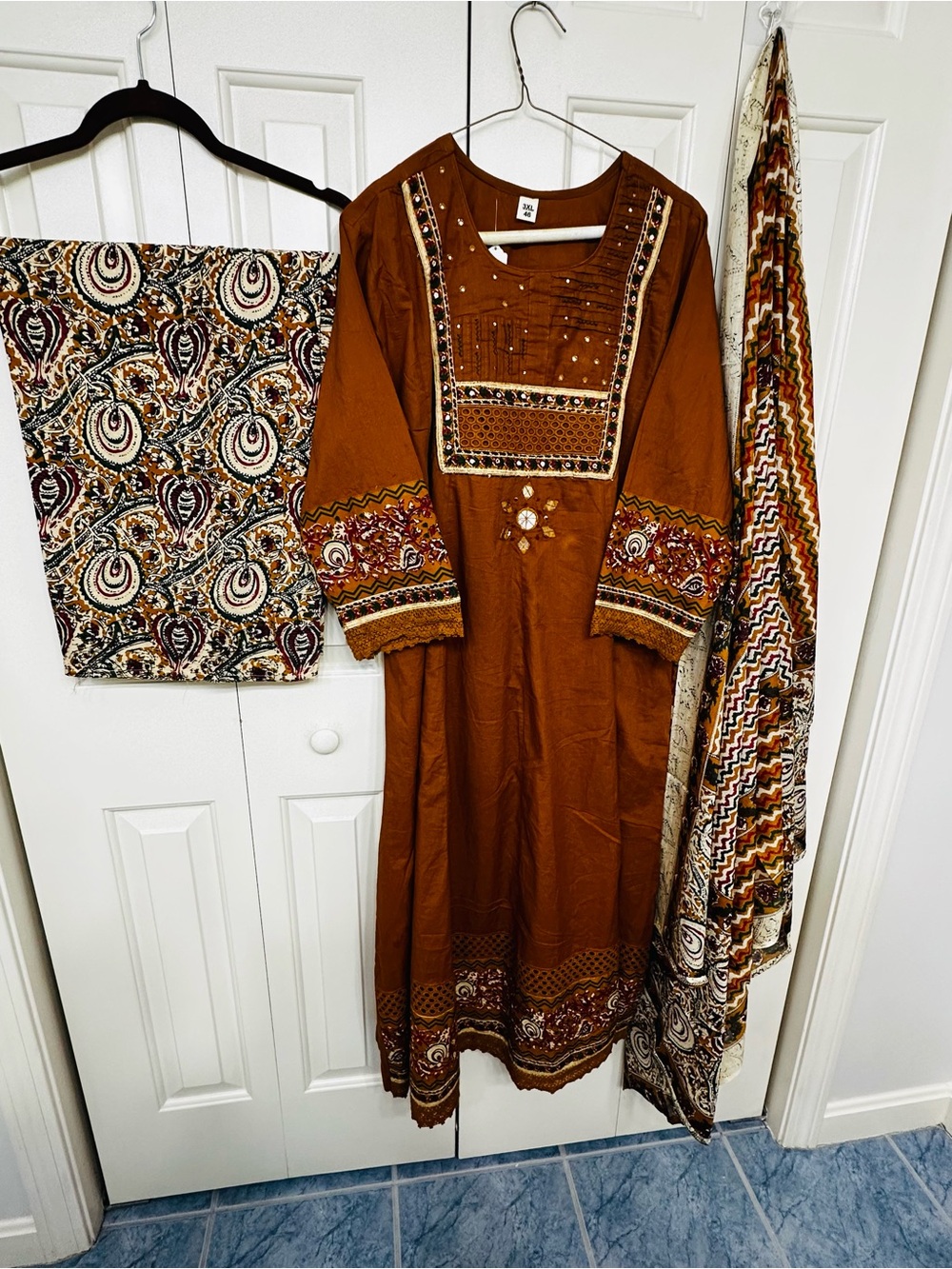 Jaipuri cotton Salwaar Kameez in mustard shade with embroidery in size 23”/ XL